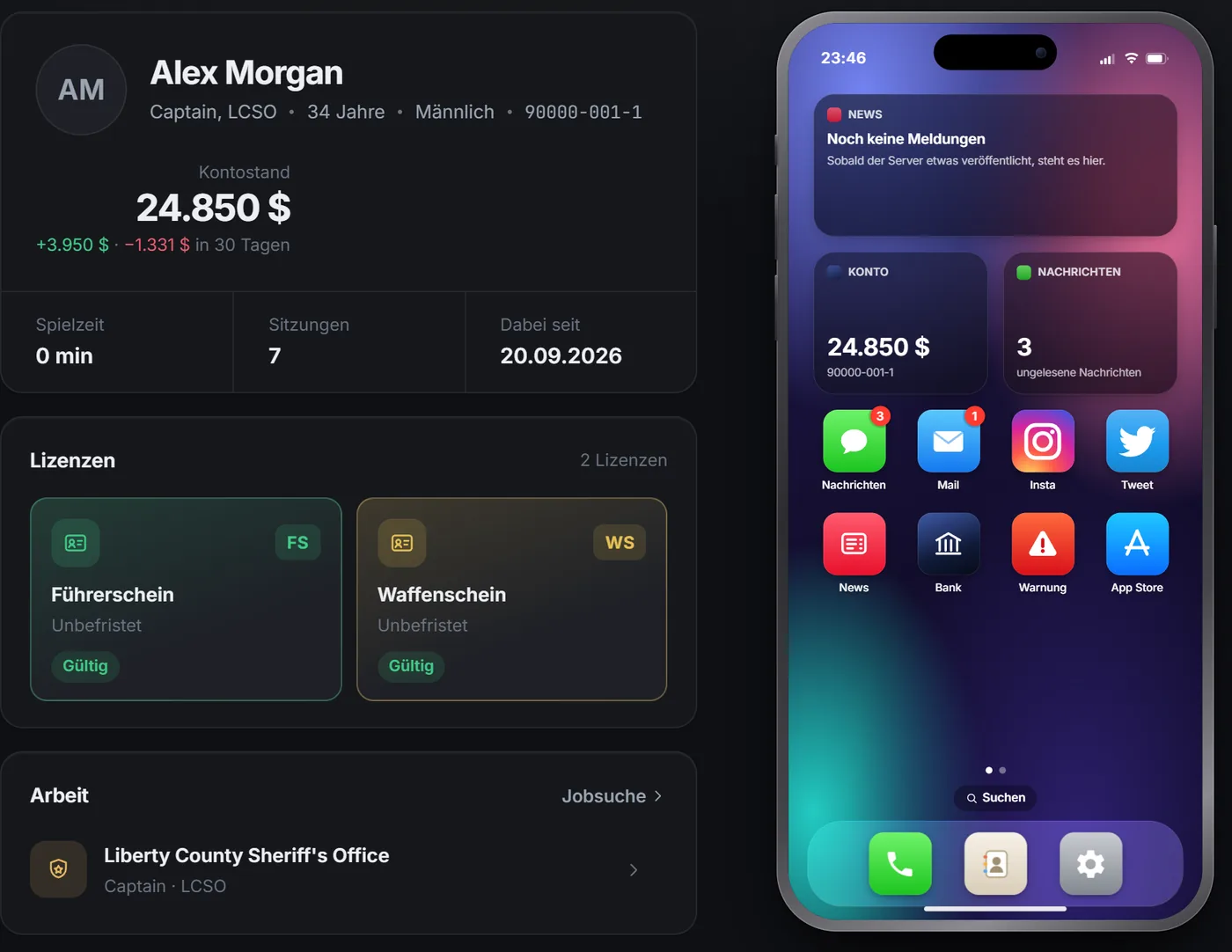 Character profile with licenses, bank transactions and smartphone