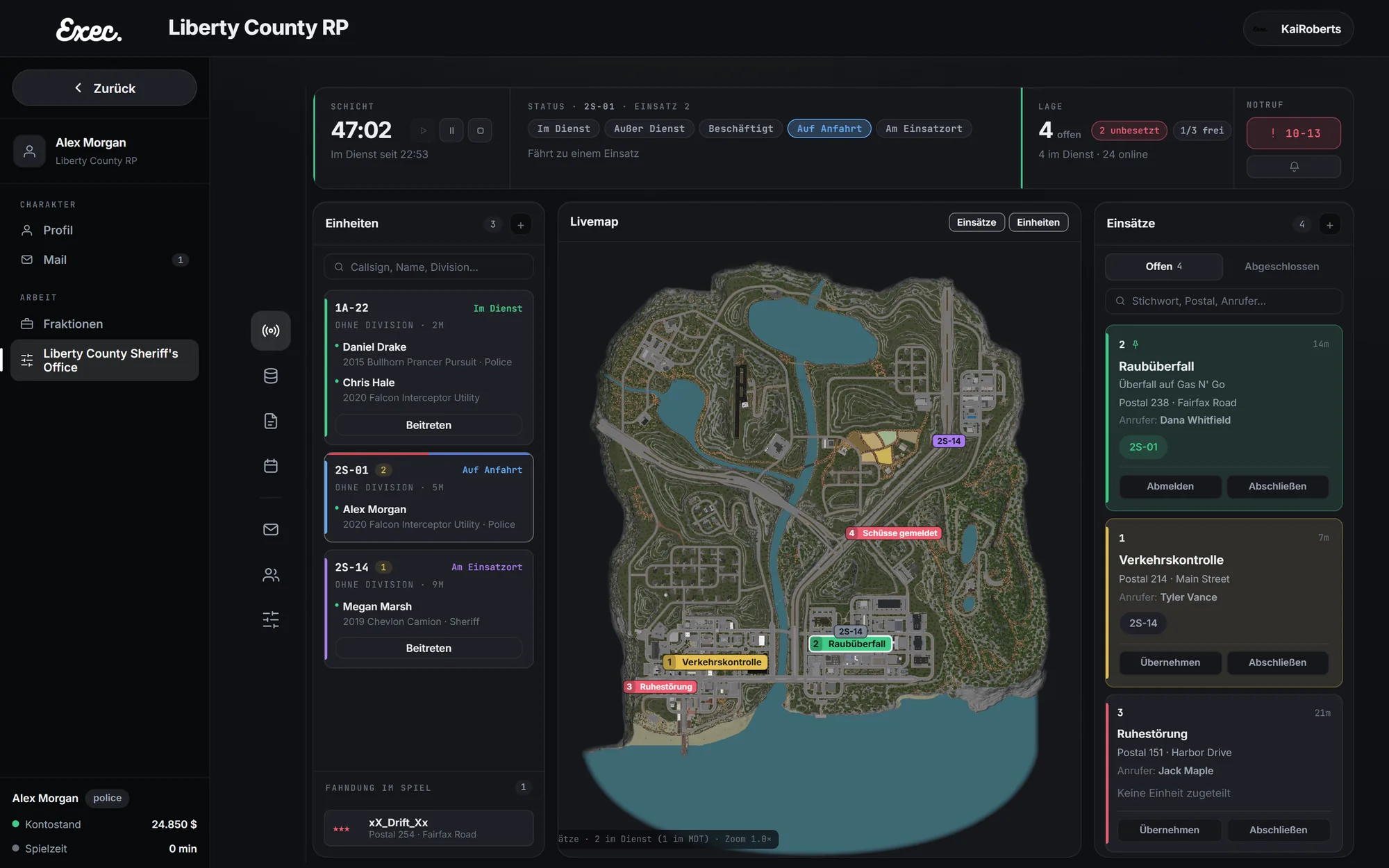 Dispatch with units, live map and open incidents