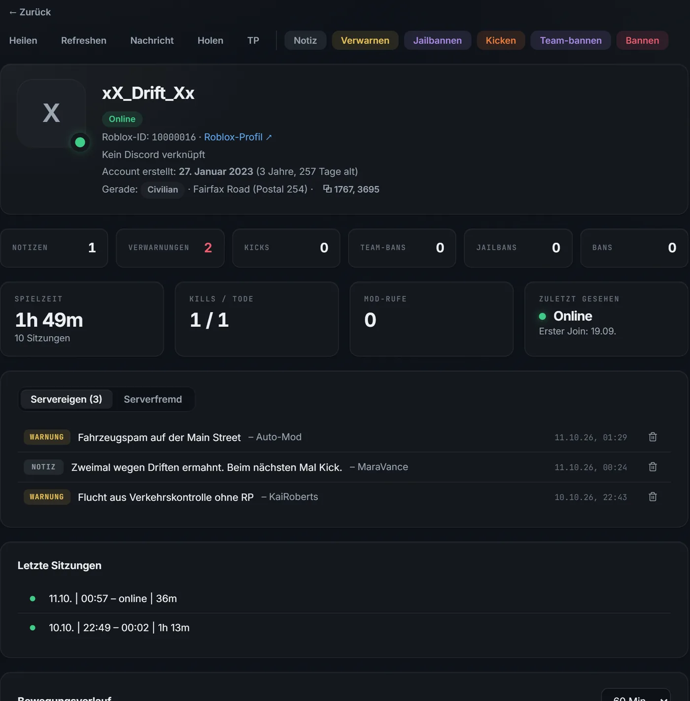Player record with notes, warnings and characters