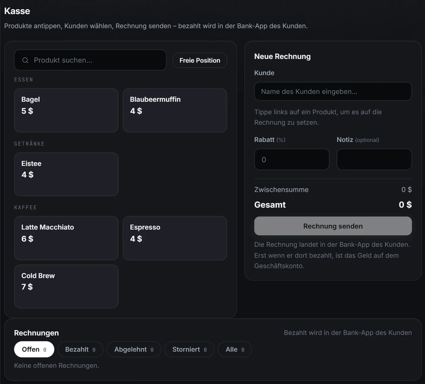 Register with products and a new invoice